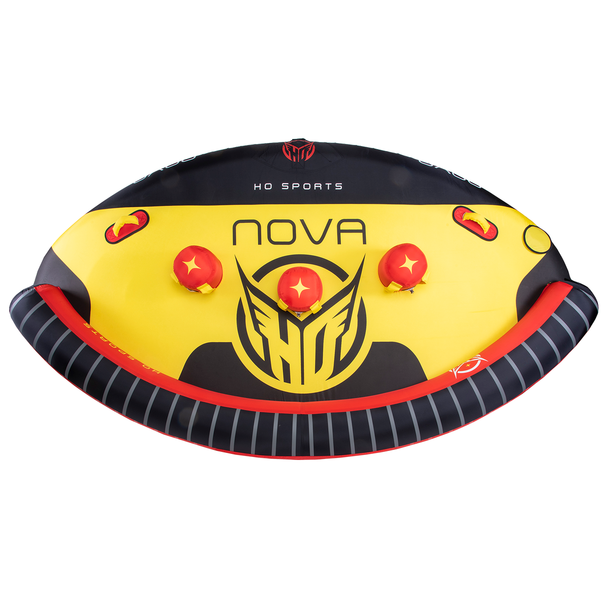 Top view of Nova 4 towable tube in yellow, black, and red with three inflatable red backrests, handles, and bold graphics.