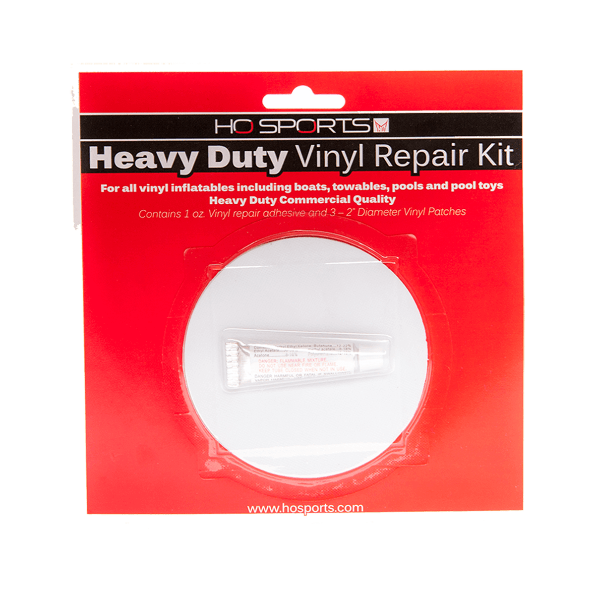 Front view of PVC Tube Repair Kit in red packaging with a clear window showing a tube of adhesive and vinyl patches.