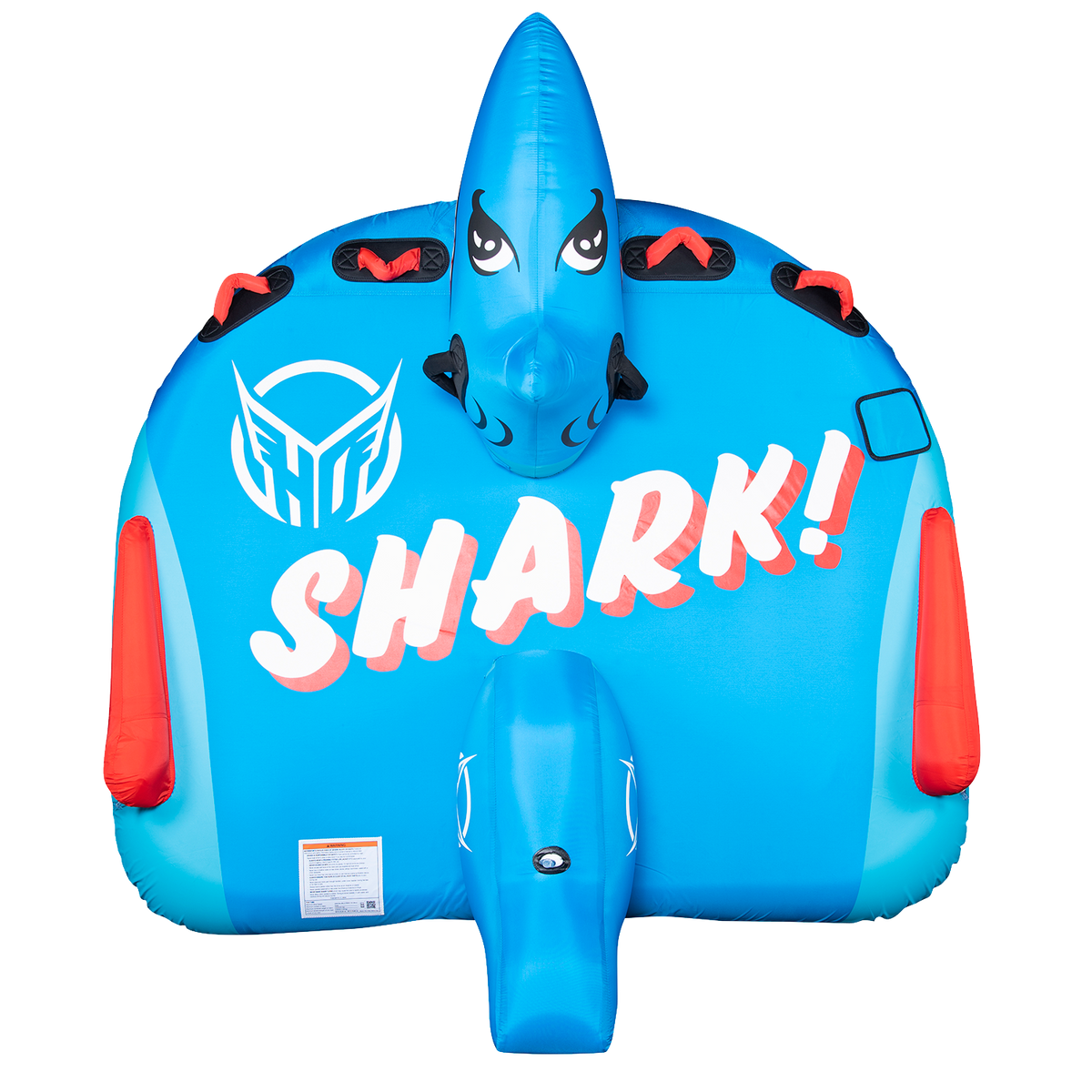 Top view of the blue Shark towable tube, featuring a bold shark face design, inflatable dorsal fin, and "SHARK!" text.