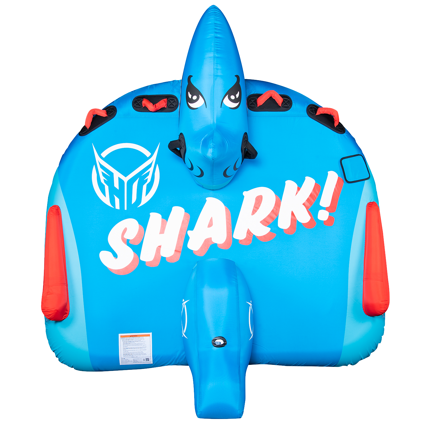 Top view of the blue Shark towable tube, featuring a bold shark face design, inflatable dorsal fin, and "SHARK!" text.