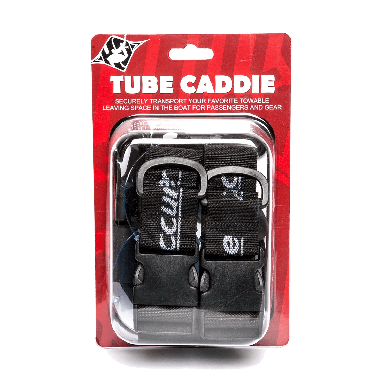 Front view of the Tube Caddie in a red and black package containing black adjustable straps with buckles labeled "Accurate."