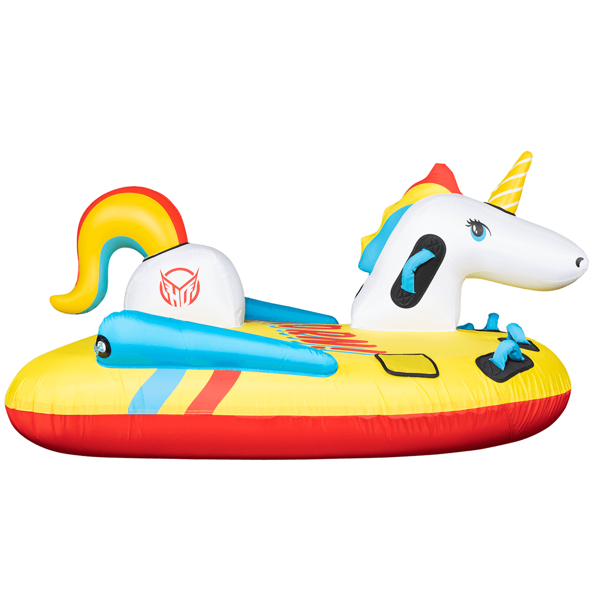 Side view of Unicorn, a yellow inflatable towable with "Unicorn!" printed in red and blue, showing the unicorn head and tail.