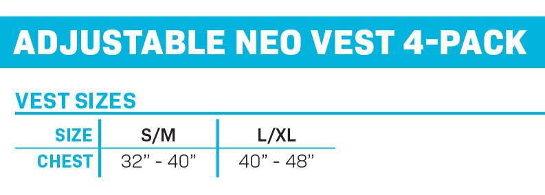 Size chart for Adjustable Neo Vest 4-Pack, listing chest measurements for S/M (32‚Äù-40‚Äù) and L/XL (40‚Äù-48‚Äù).