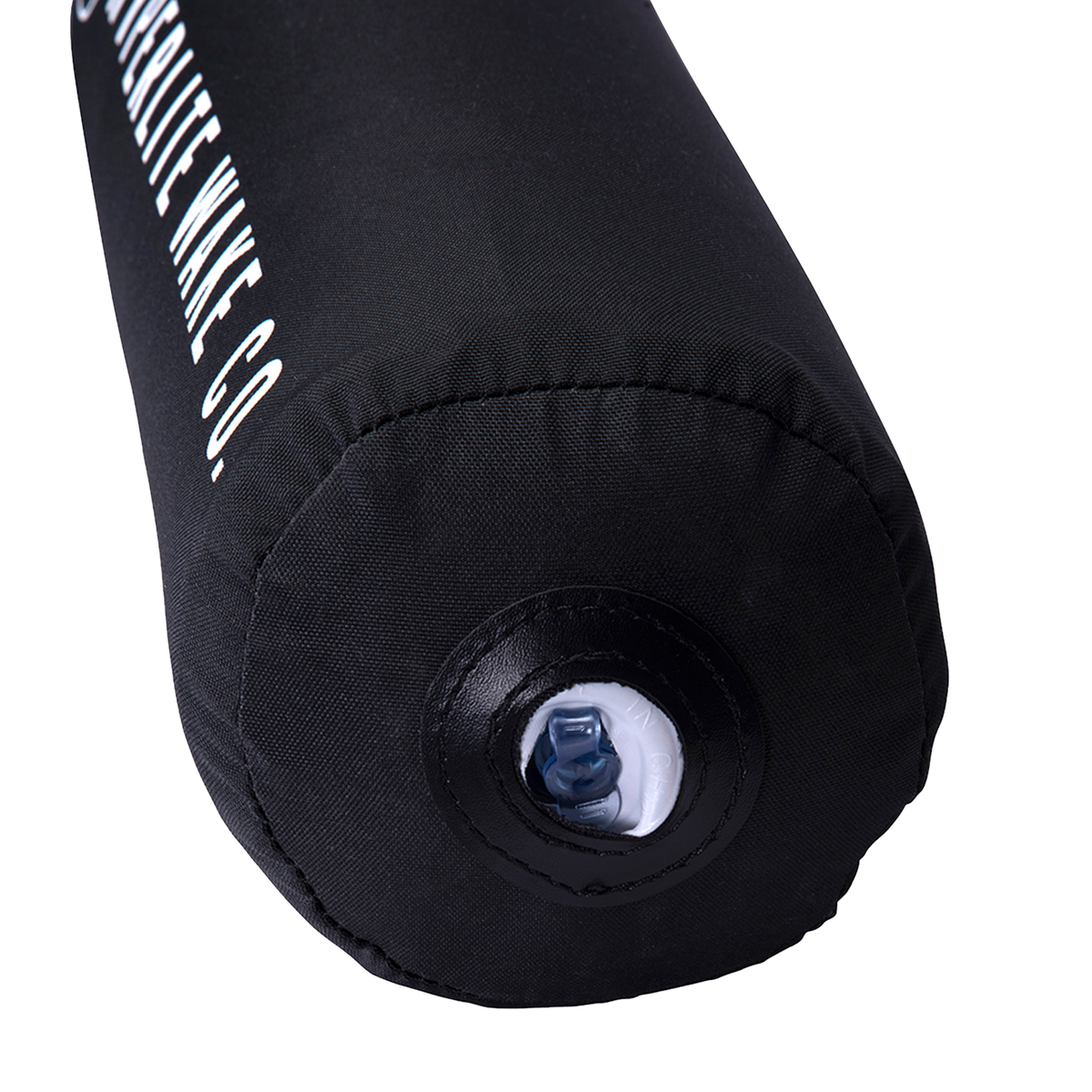 Close-up of a Boat Bumper, black and inflatable, with an end valve.
