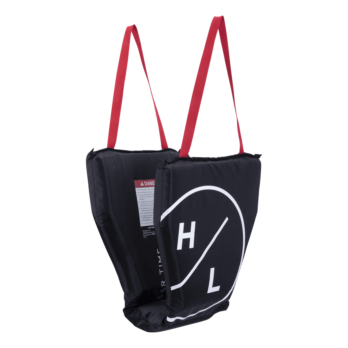 Black HL Cove Cushion with red straps and H L logo. Ideal padded seat.