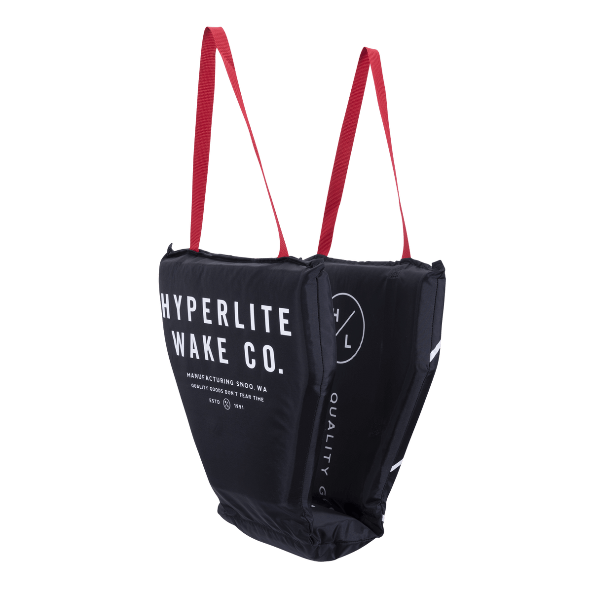 Black Hyperlite wakeboard bag with red straps and HL Cove Cushion Black.