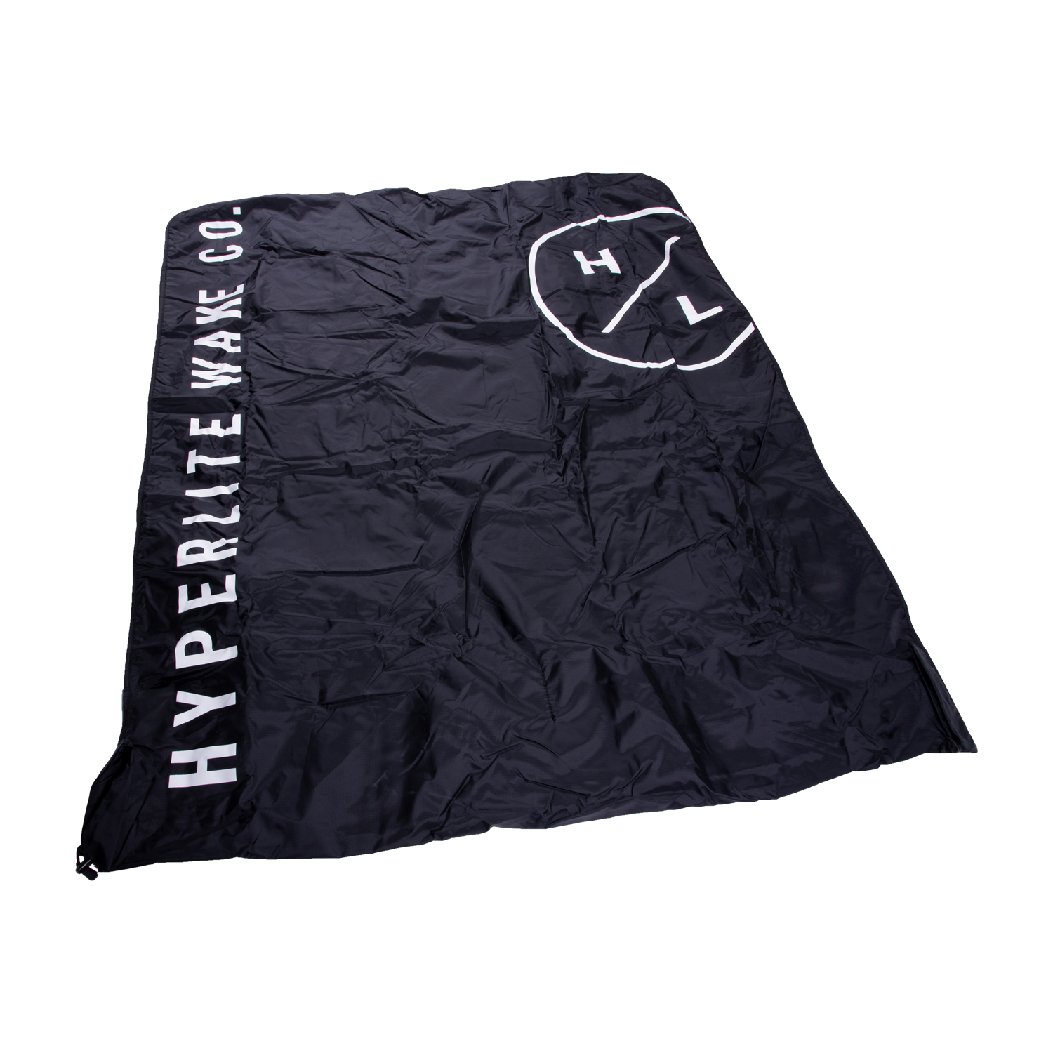 Black HYPERLITE WAKE CO. flag: Circle logo, fleece-lined boat blanket w/ heater hook up.
