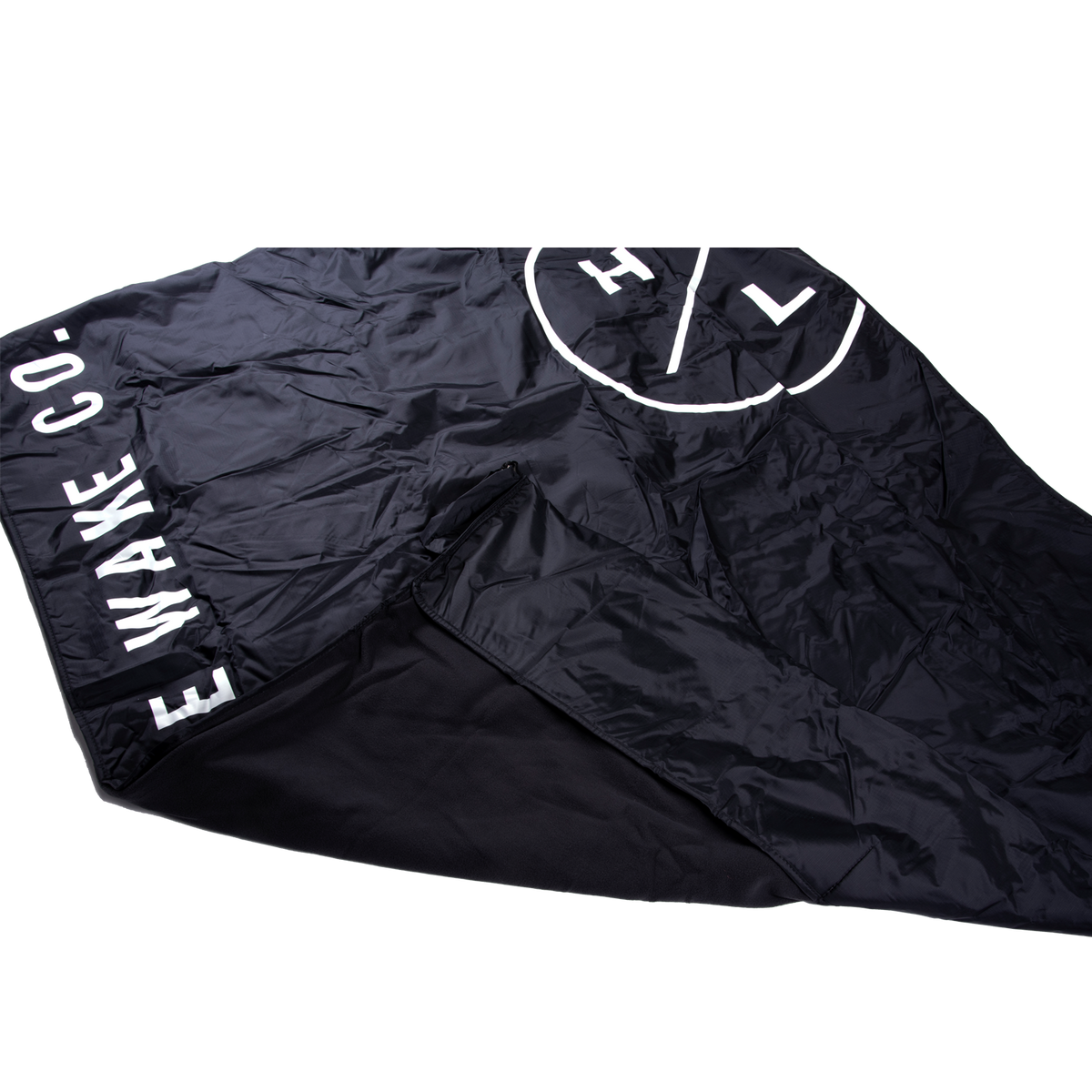 Hyperlite Heater Boat Blanket: Black fabric, white text/logo, fleece lined, partially folded.