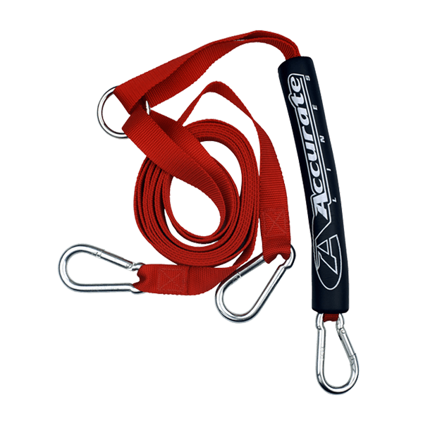 Red and black Nylon Webbing Boat Tow Harness with wakeboard connection clips.
