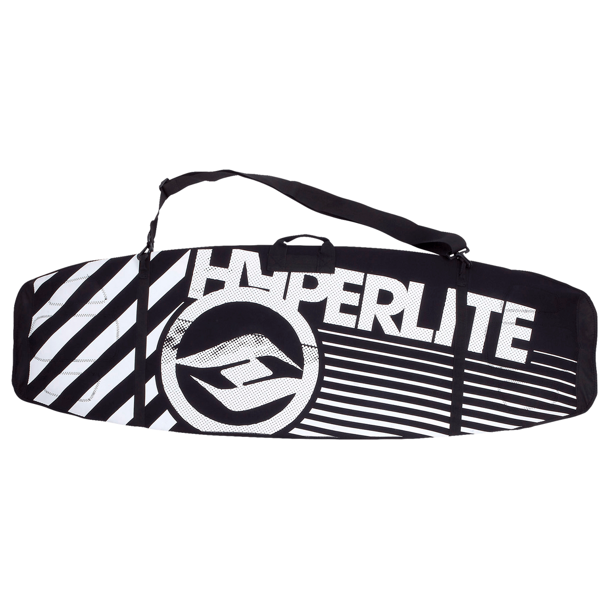 Black & white Rubber Wrap bag with bold logo, striped design, and Velcro closure.