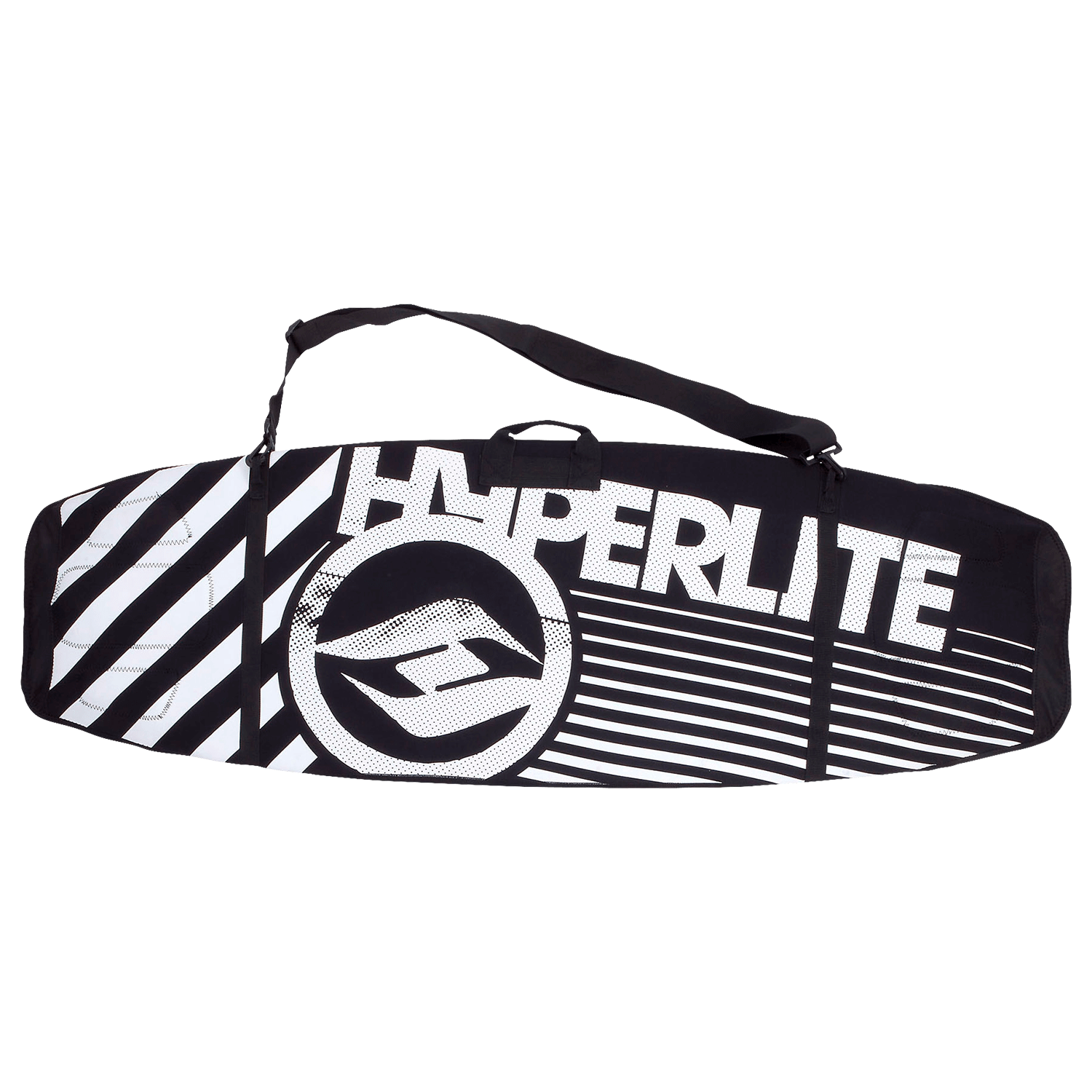 Black & white Rubber Wrap bag with bold logo, striped design, and Velcro closure.