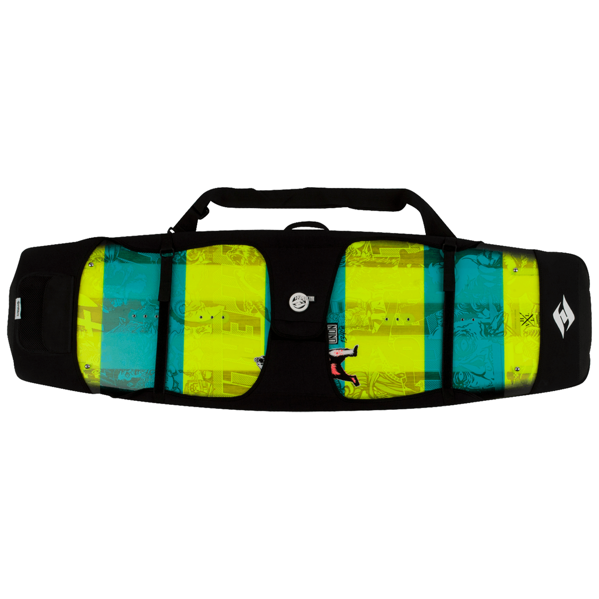 Rubber Wrap with vibrant blue and yellow stripes and graphic designs.