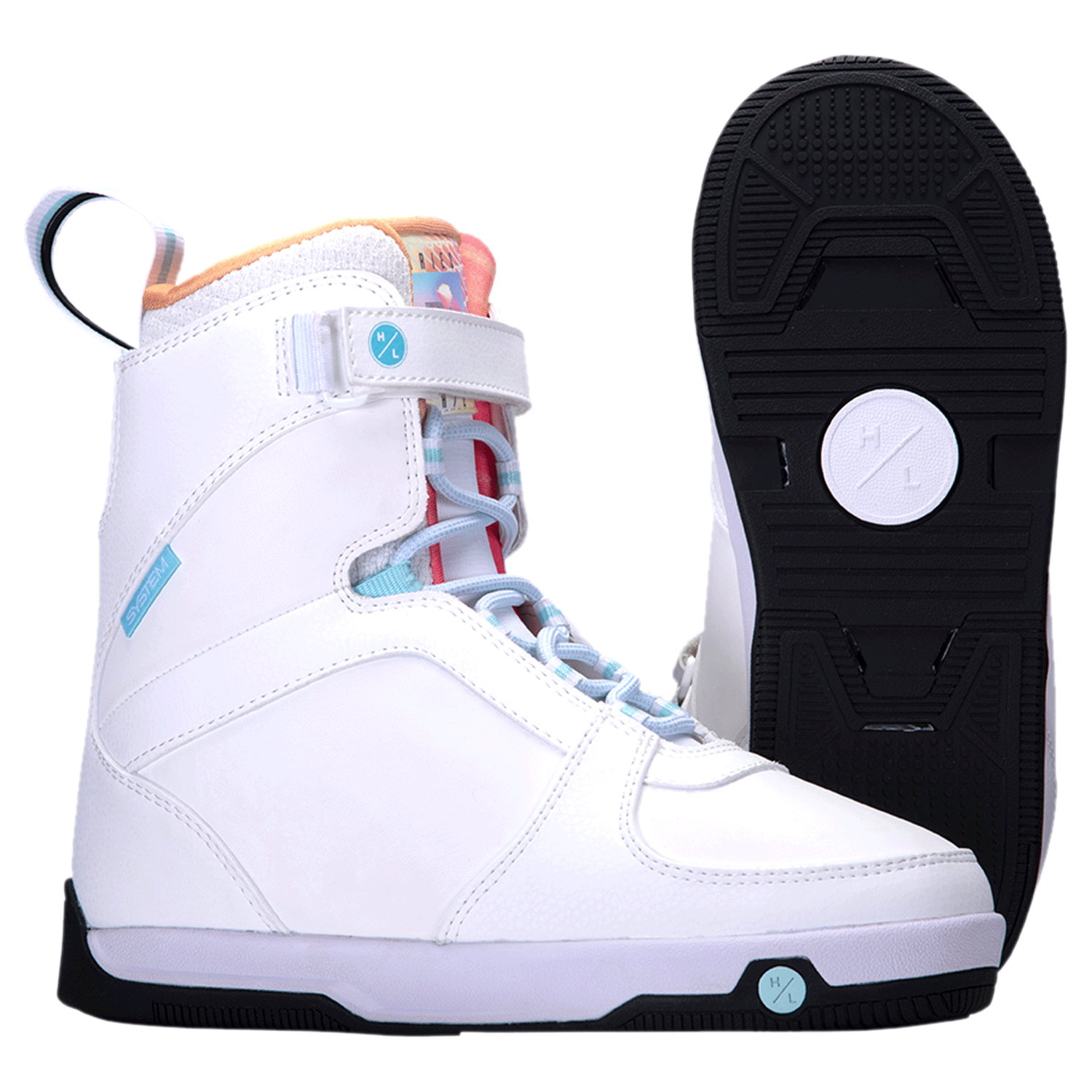 Aries Boot 2024: White snowboarding boots with orange/blue accents, traction outsole, front lace-up.