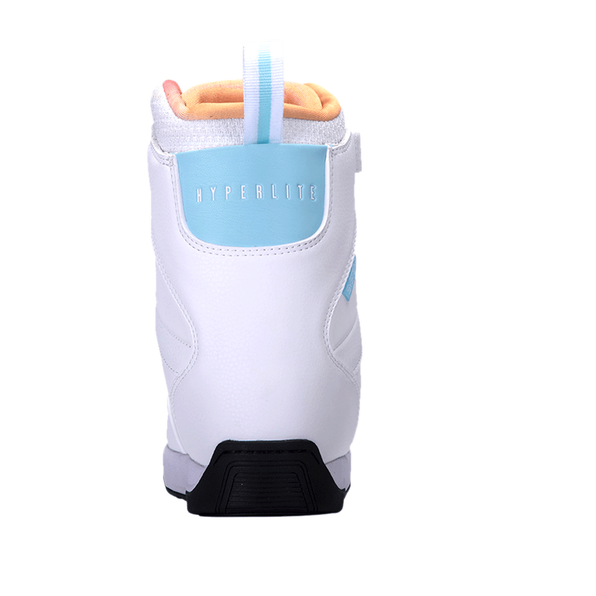 Aries Boot 2024 in white/blue, black rubber traction outsole, back view.