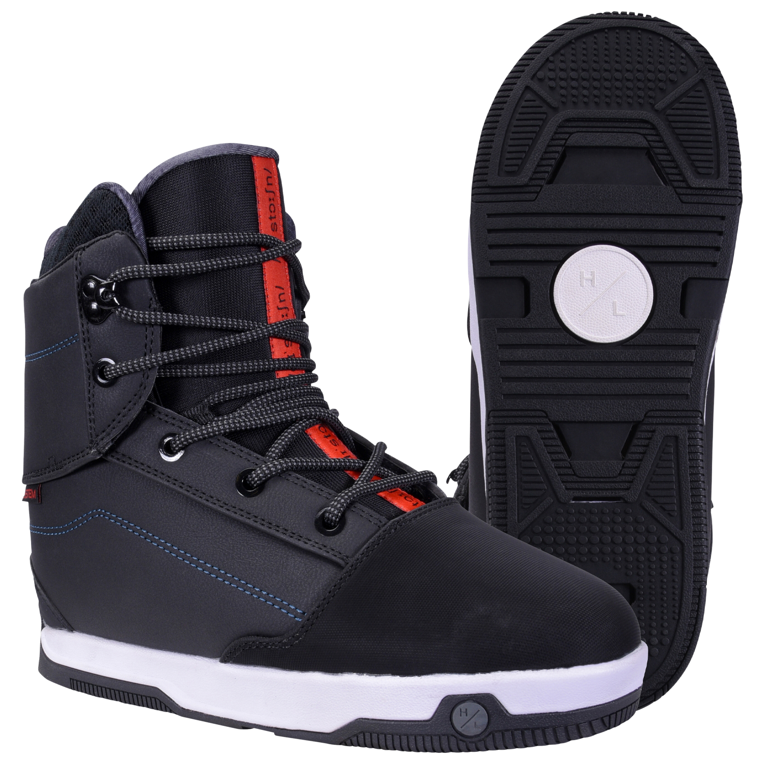 Black/red bindings with Distortion Boot & textured undersides, ideal for hoverboard riding.