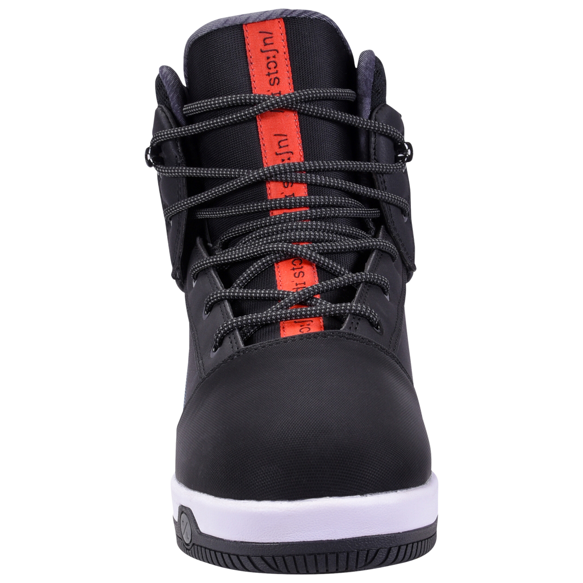 The Distortion Boot is a black high-top sneaker with red accents and a white sole.