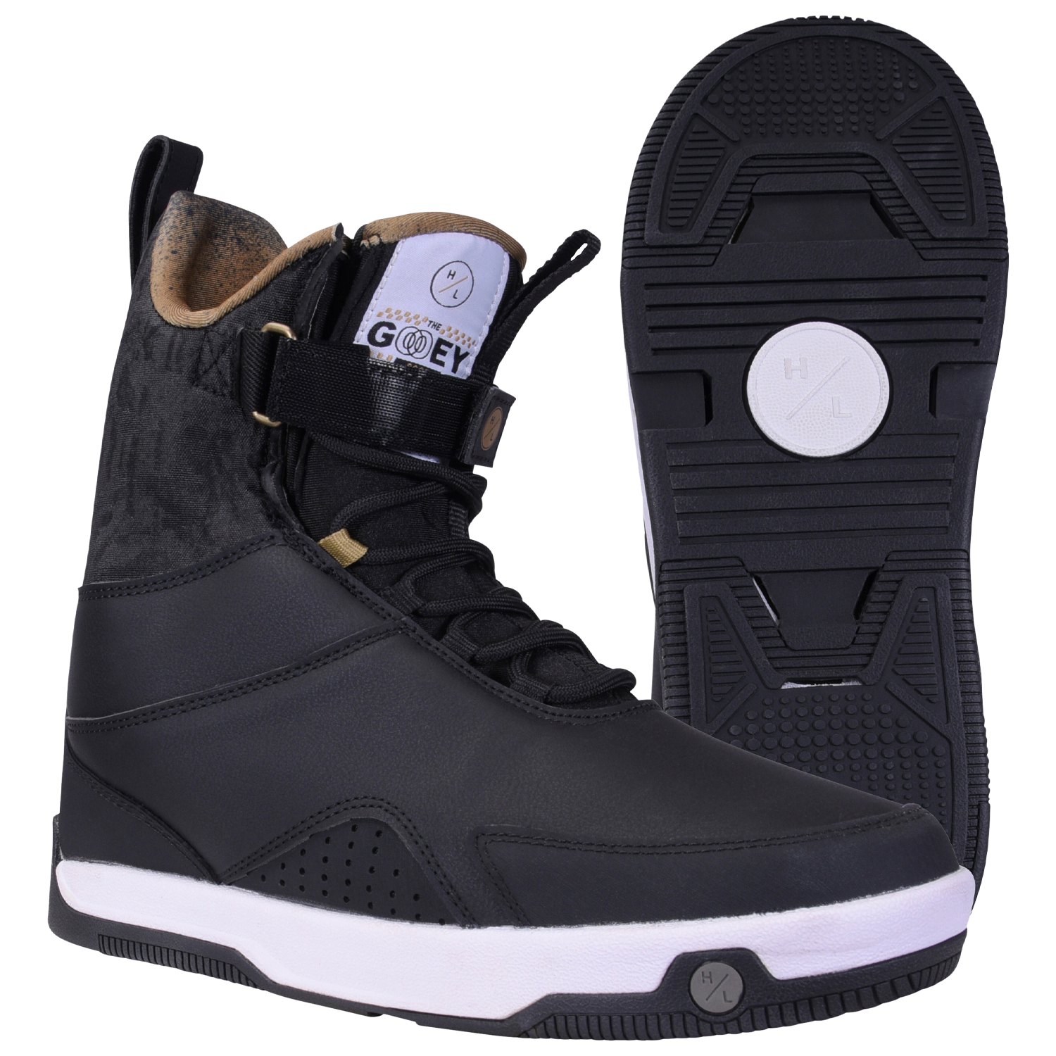 Gooey Boot: black/white snowboard boot, side and sole view shown.