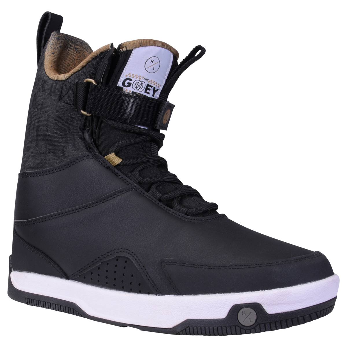 Gooey Boot: High-top black/white shoe with laces and strap.