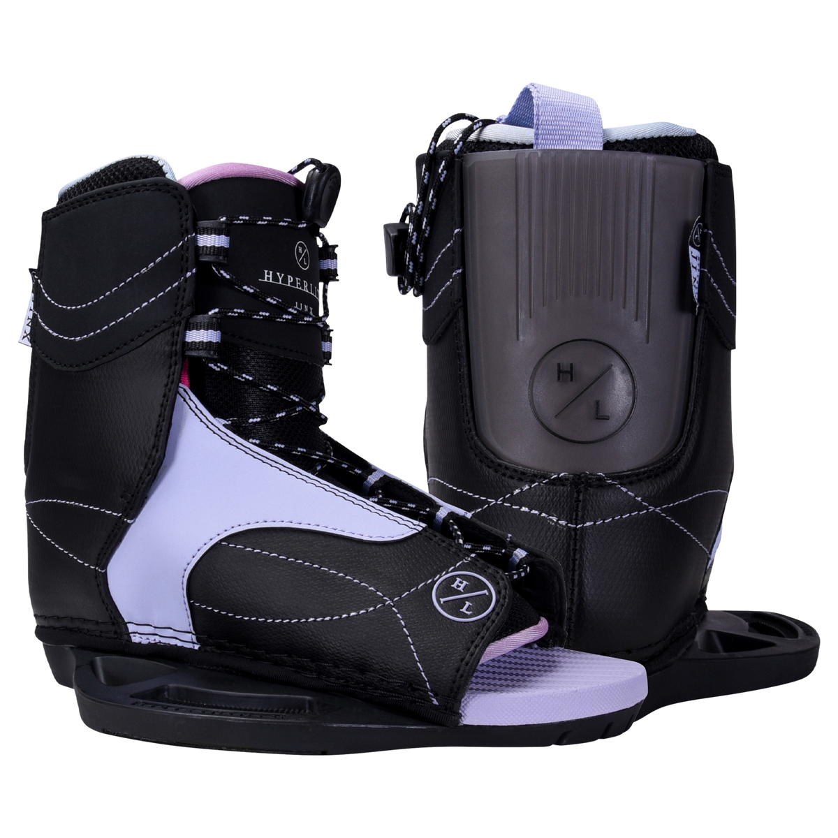 Eden Jr. w/Jinx Girls Bindings: Black/purple wakeboard boots with white stitching, asymmetrical design.