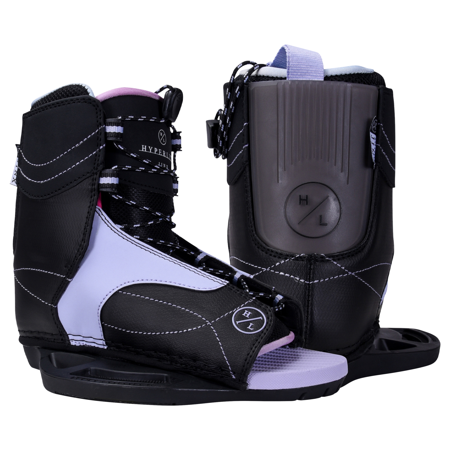 Eden Jr. w/Jinx Girls Bindings: Black/purple wakeboard boots with white stitching, asymmetrical design.