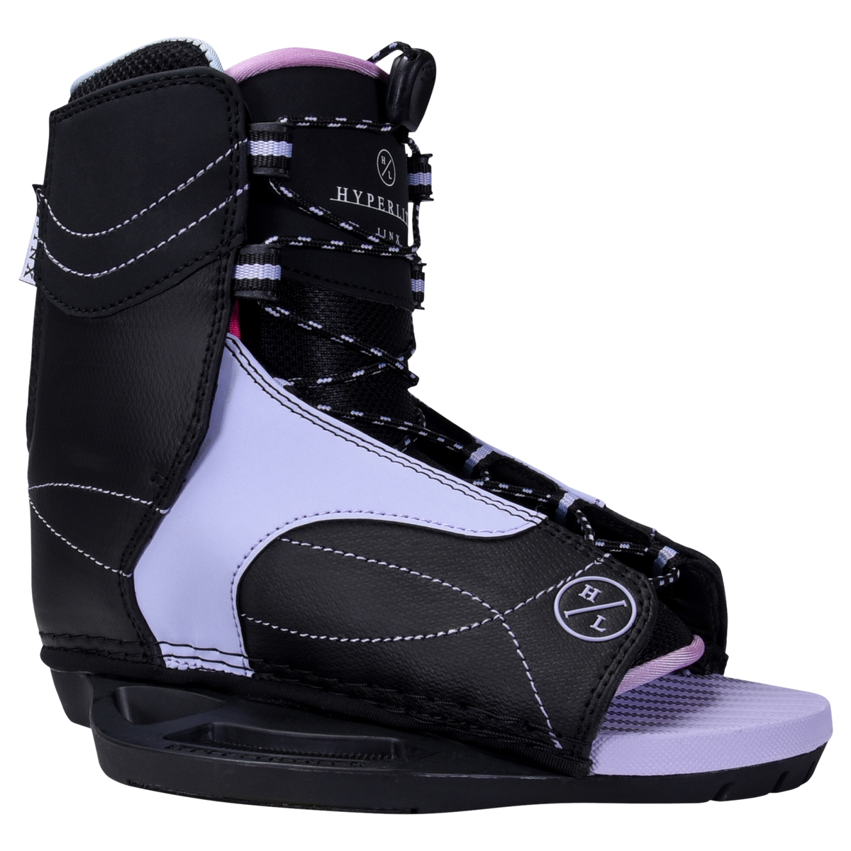 Jinx Girls wakeboard boot, black/purple, laces, velcro strap, adjustable fit for beginners.