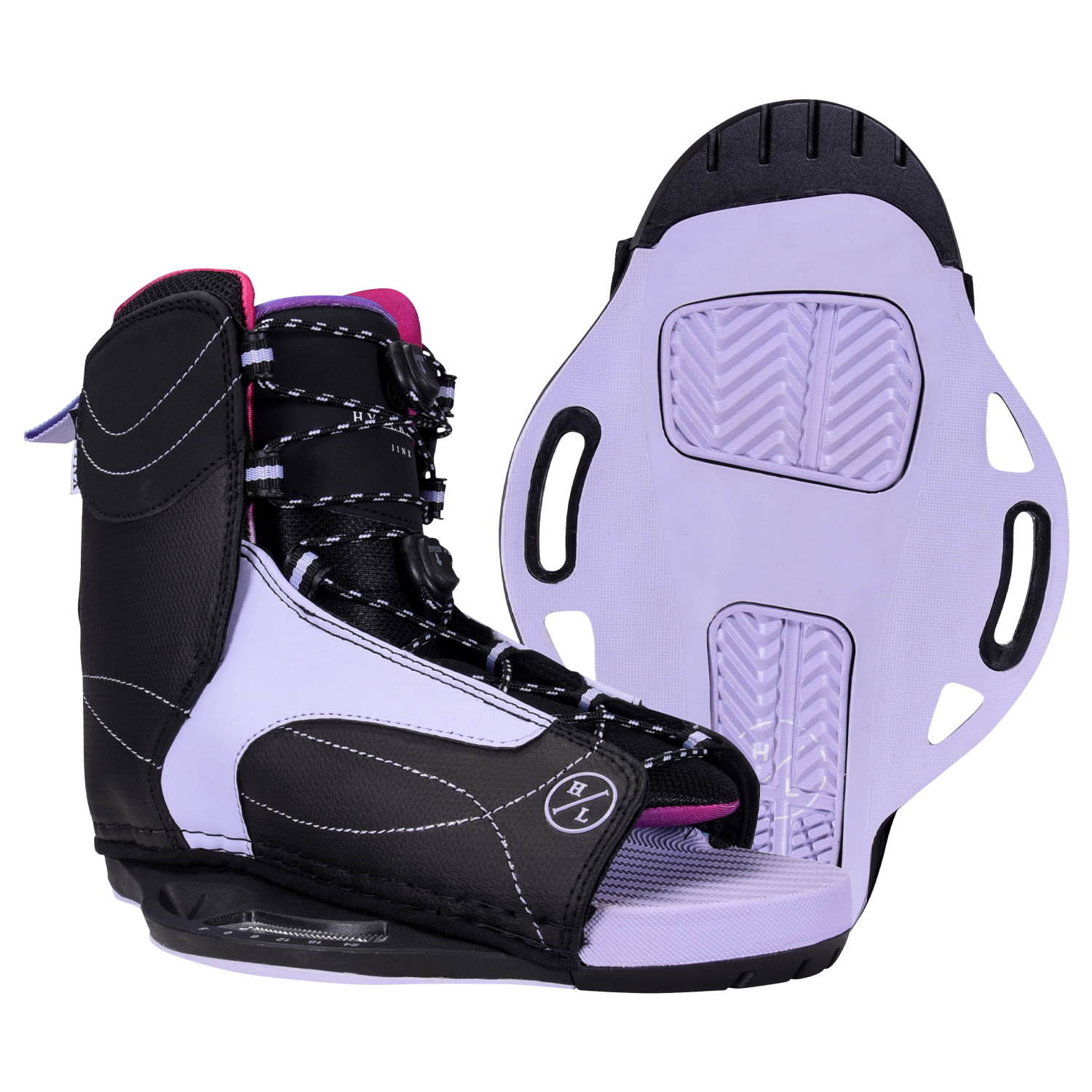 Jinx Binding: Purple/black adjustable bindings with textured sole, ideal for beginner-intermediate.