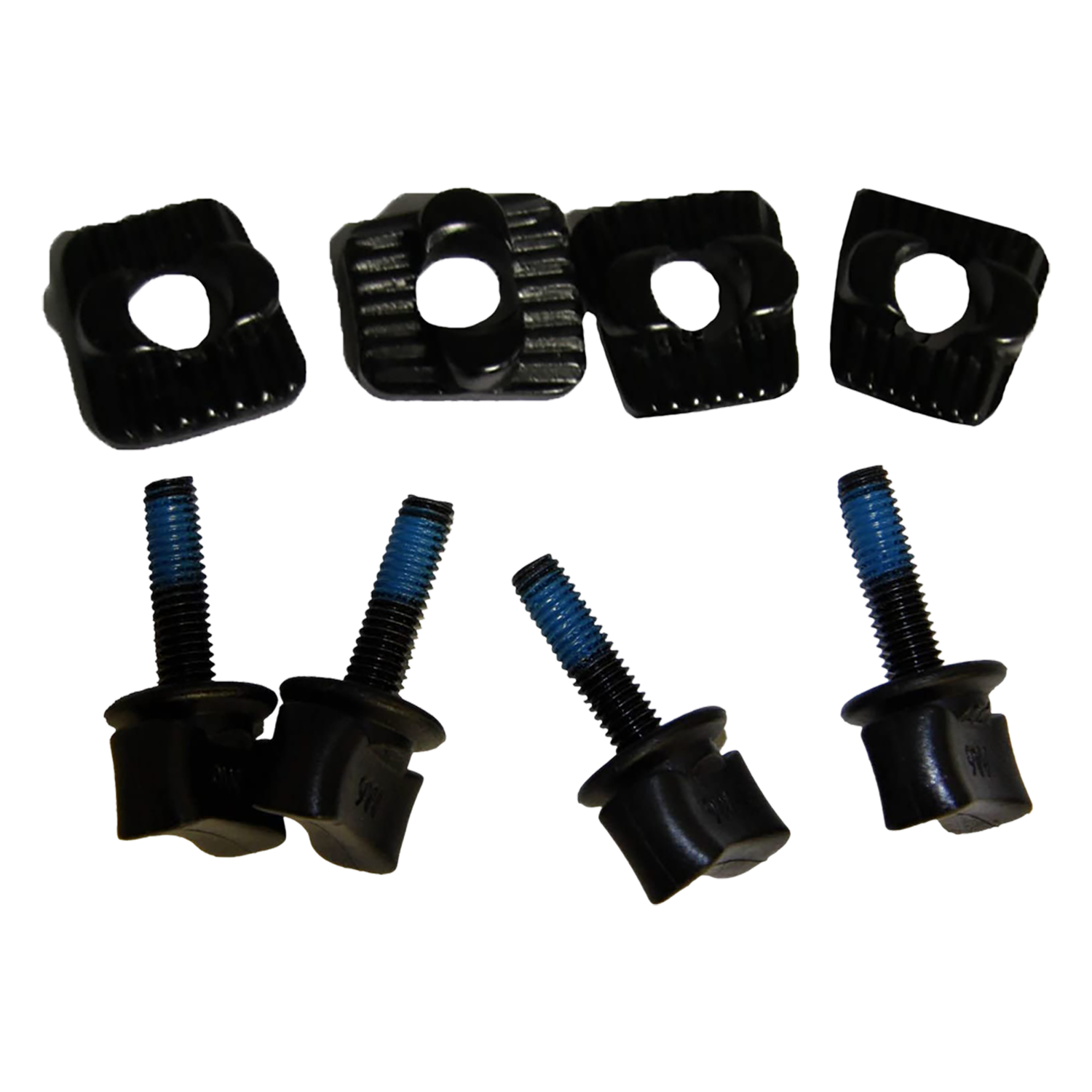 Black screws and threaded plates in an M6 Thumbscrew Hardware Kit.