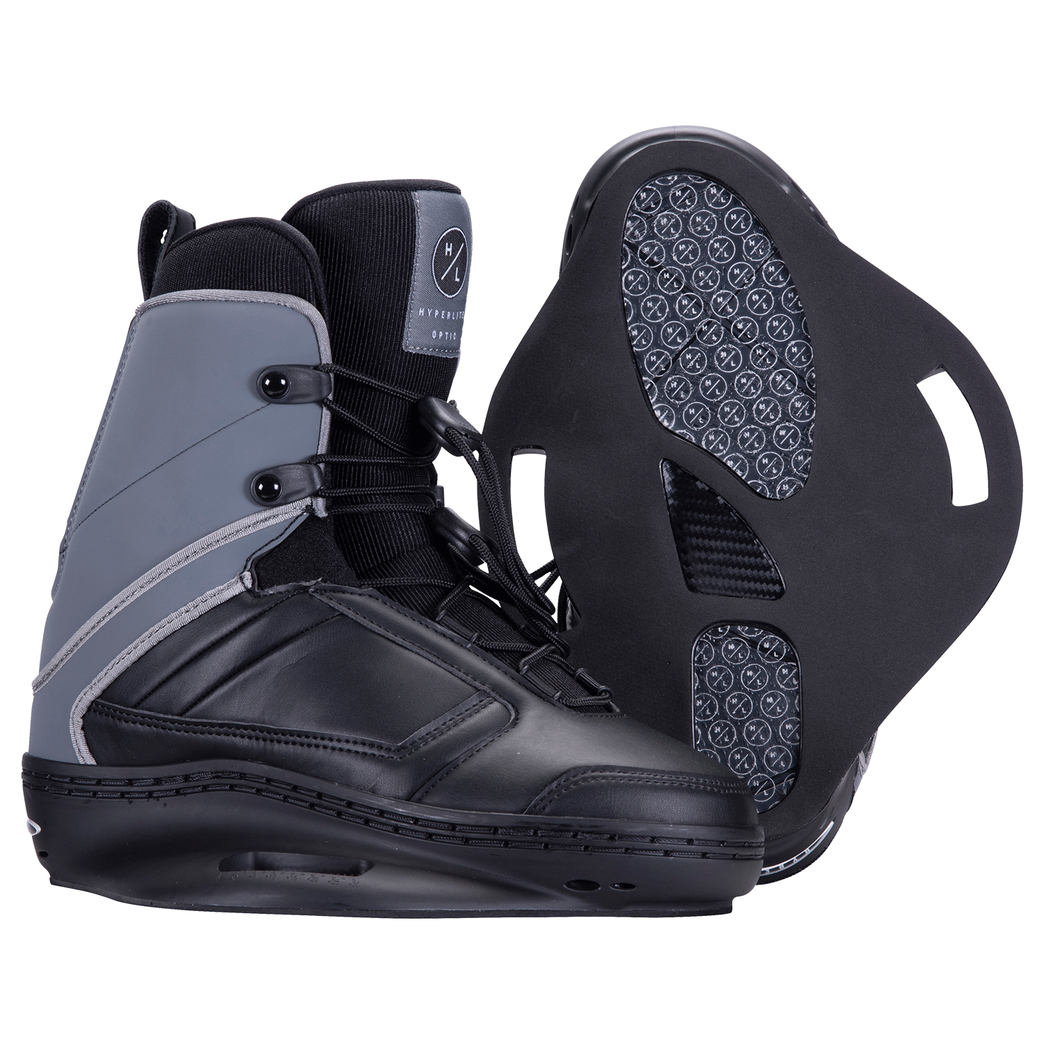 Optic Jr. Binding: black & gray snowboard boots with closed toe & unique patterned soles.