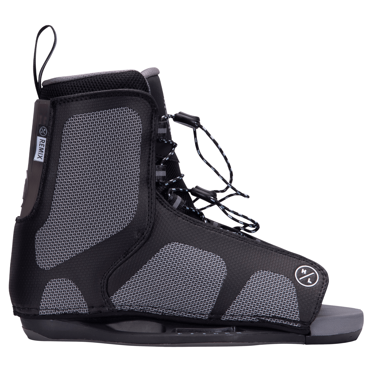Gray/black Sender wakeboard boot w/mesh panels, laces & Remix Binding visible from side.