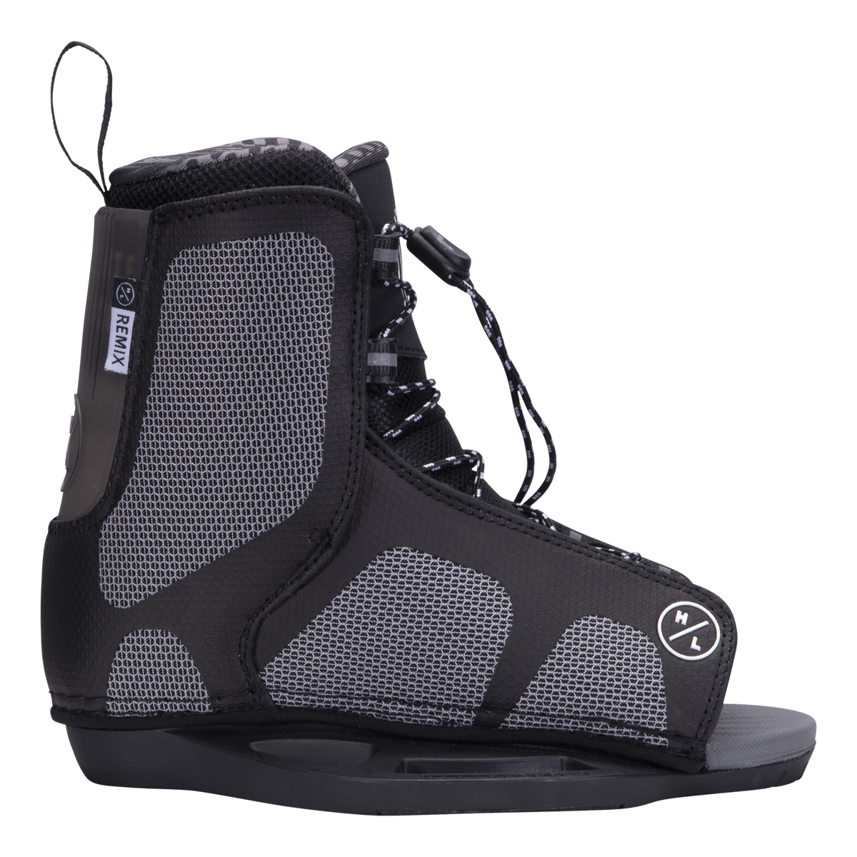 Remix Kids boot in black and gray, adjustable for beginners to intermediates, with lace-up design.
