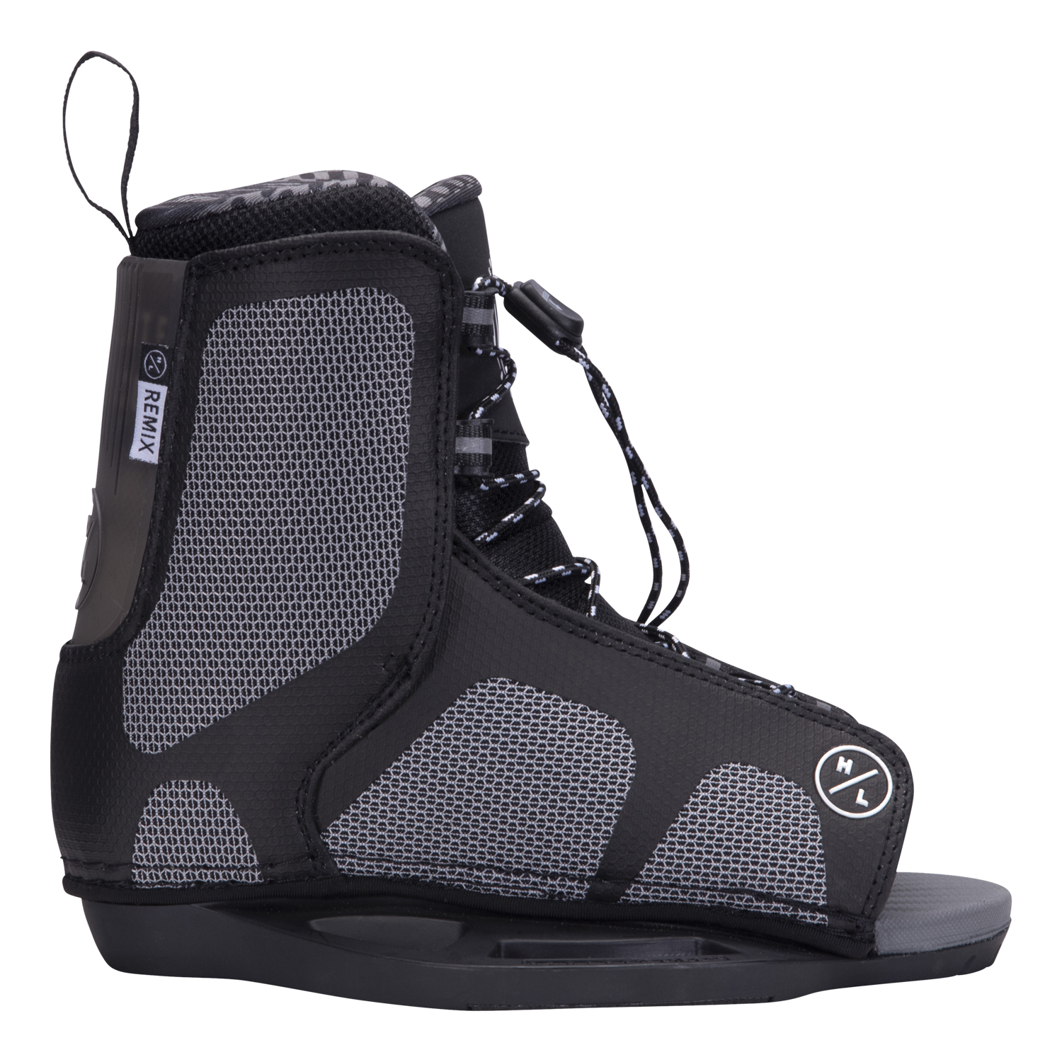 Remix Kids boot in black and gray, adjustable for beginners to intermediates, with lace-up design.