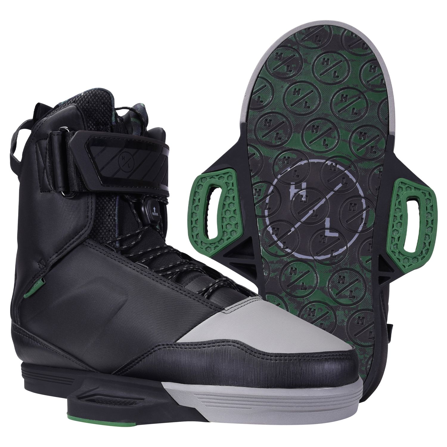Scout Binding: Black boots with green accents and durable construction.