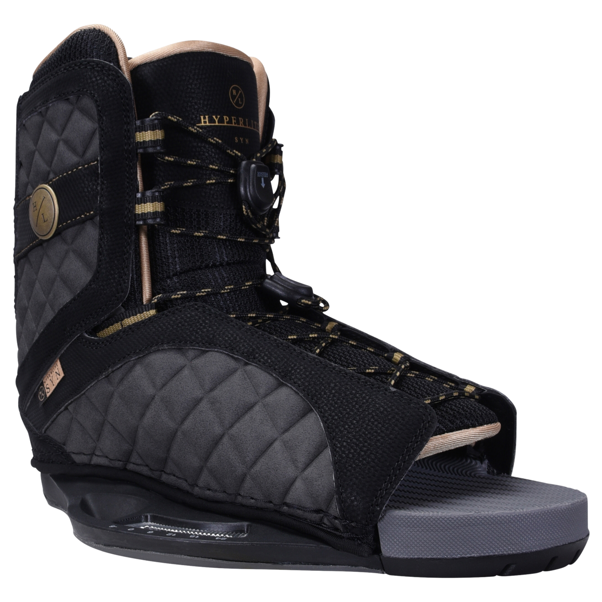 Syn Binding, black/gray colors, laces, logo, features a Low Pro Plate System.