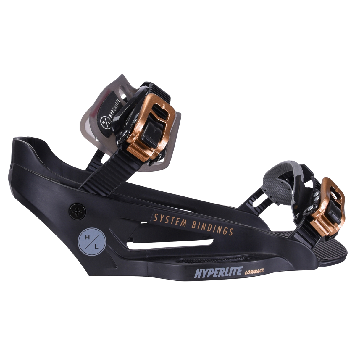 The System Lowback Binding in Black/Gold features an adjustable toe strap and secure buckles.