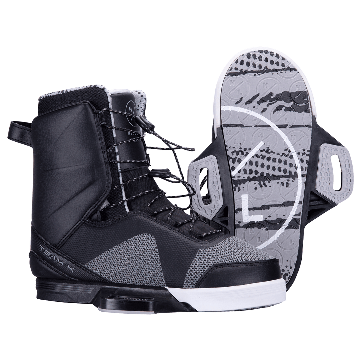 Sender w/Team X Binding boots: black/gray, textured soles, adjustable straps for perfect fit.