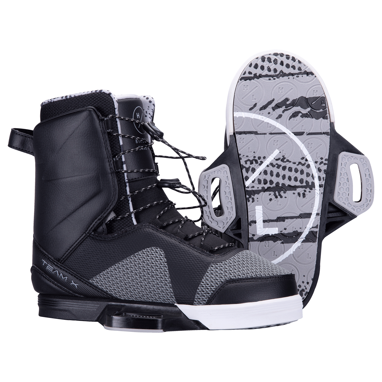 Black and gray snowboard boots, white soles, patterns, including Team X Binding.