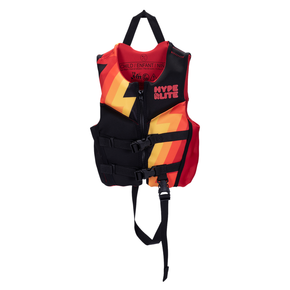 Boys Child Indy - CGA Vest: Red/black PFD with orange stripes, buckles, and handle.