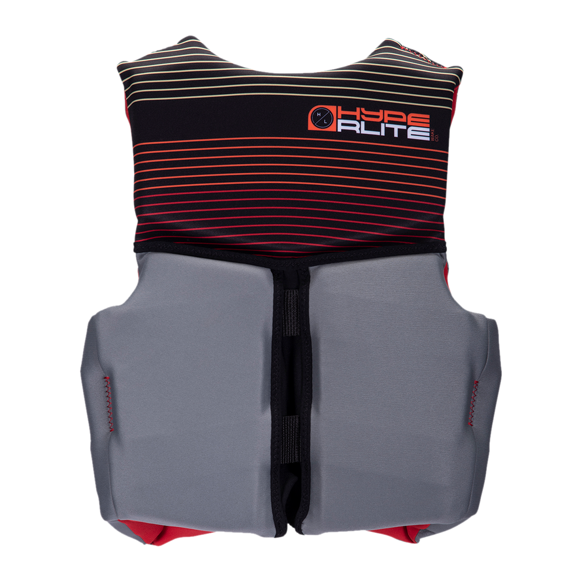Youth Indy Vest - gray/red stripes, Hyperlite text on chest. Coast Guard approved.