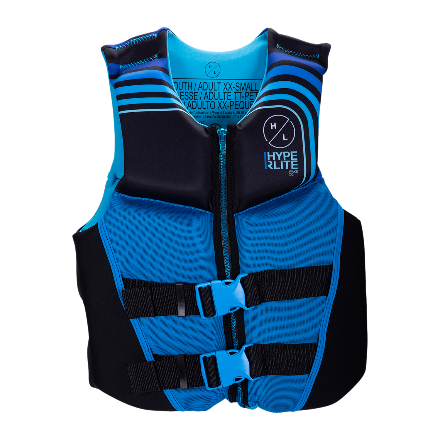 Coast Guard-approved Junior Indy CGA Vest, blue/black with buckle straps and zipper.