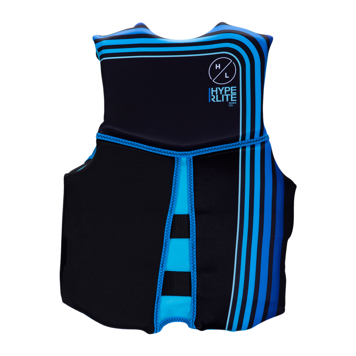 Junior Indy CGA Vest: Black/blue, USCG approved, white logo & stripes.