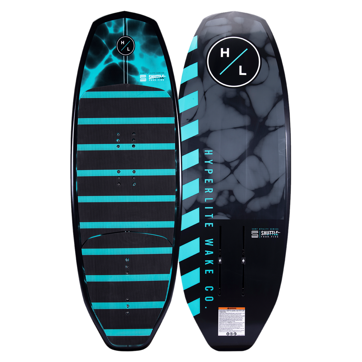 Two black & teal Shuttle wakeboards w/Falcon Foil Kit, geometric designs, Hyperlite Wake Co. branding.
