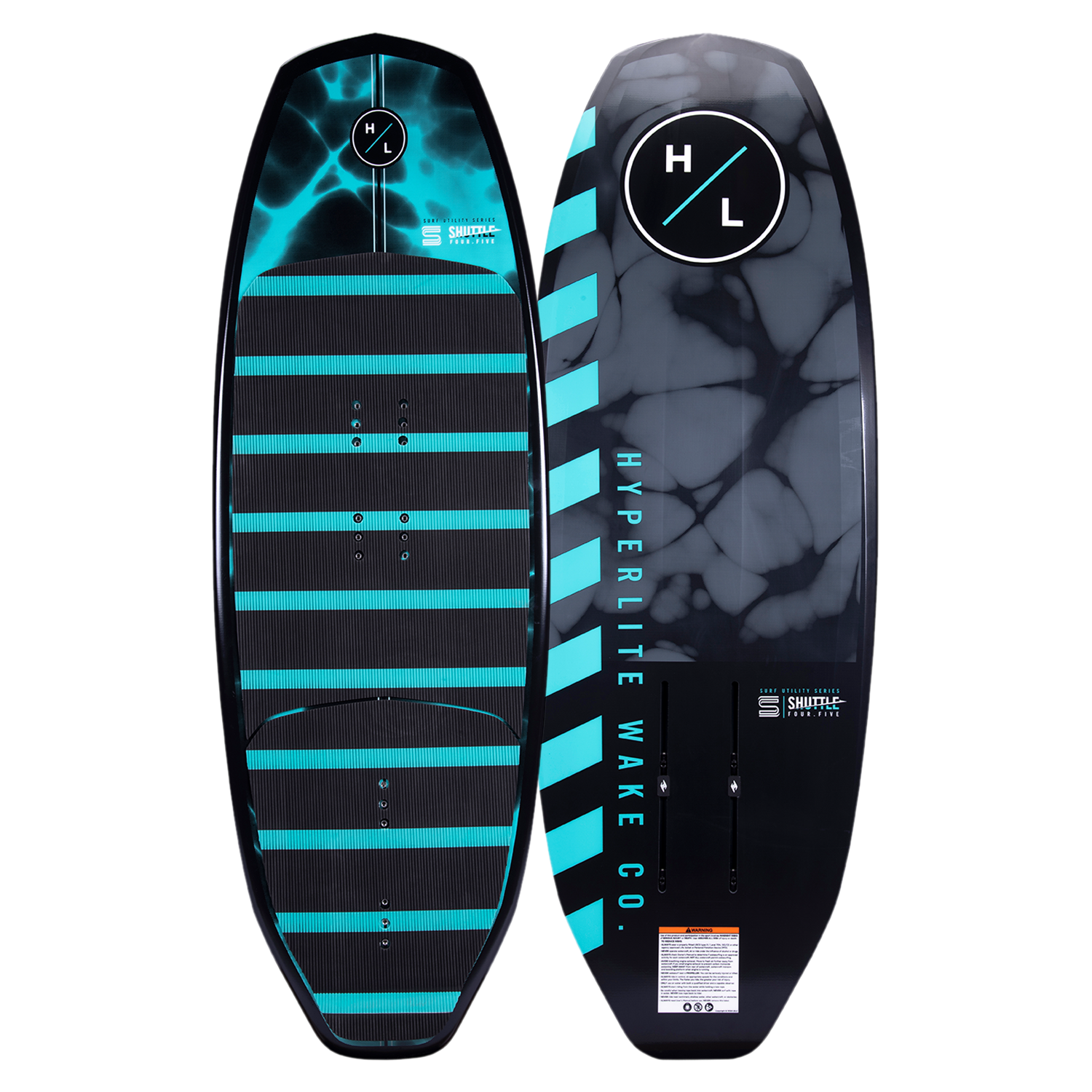 Two black & teal Shuttle wakeboards w/Falcon Foil Kit, geometric designs, Hyperlite Wake Co. branding.