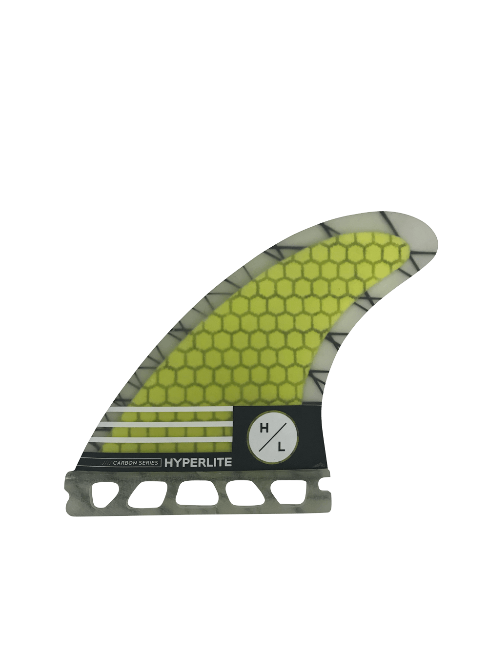 Yellow/black honeycomb fin with HYPERLITE branding & carbon strips; 4.75 Carbon Surf Fin Set.