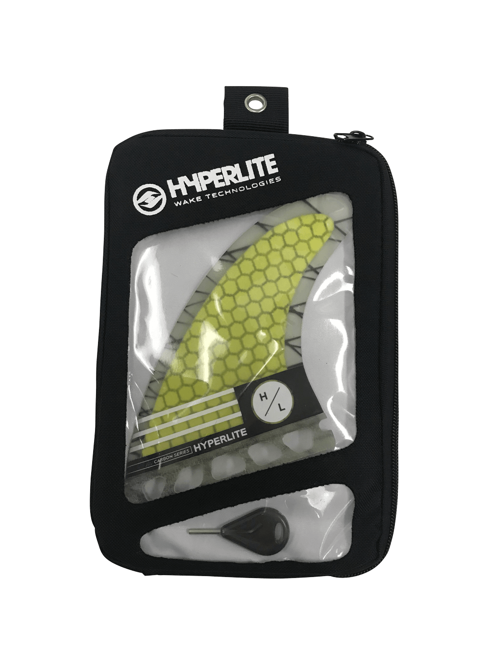 Hyperlite 4.75 Carbon Surf Fin Set w/Key 3-Pack with wakesurf tech in a black case.