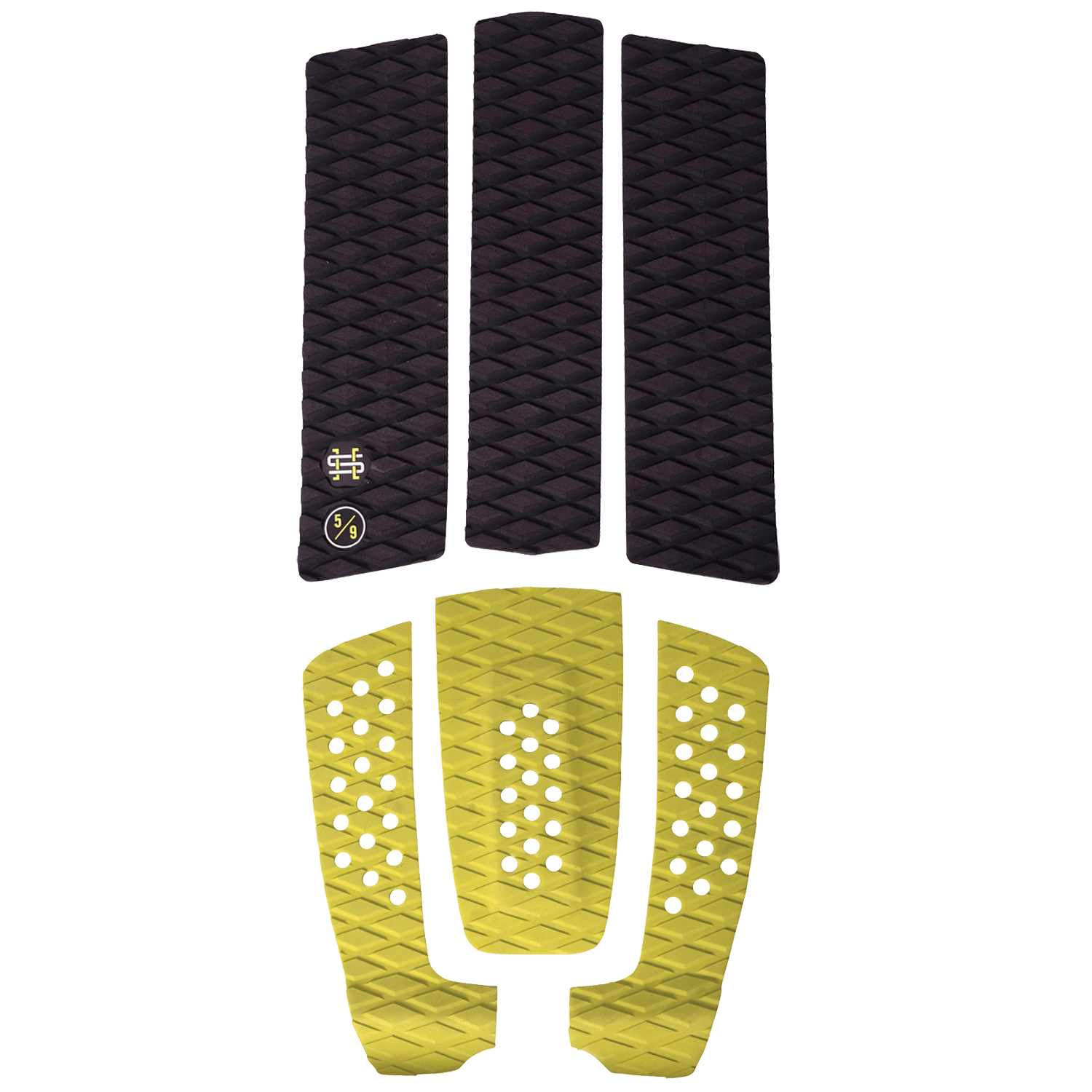 Wakesurf EVA Traction Pad Kit: Black/yellow pads with textures and logo for wakesurfers.