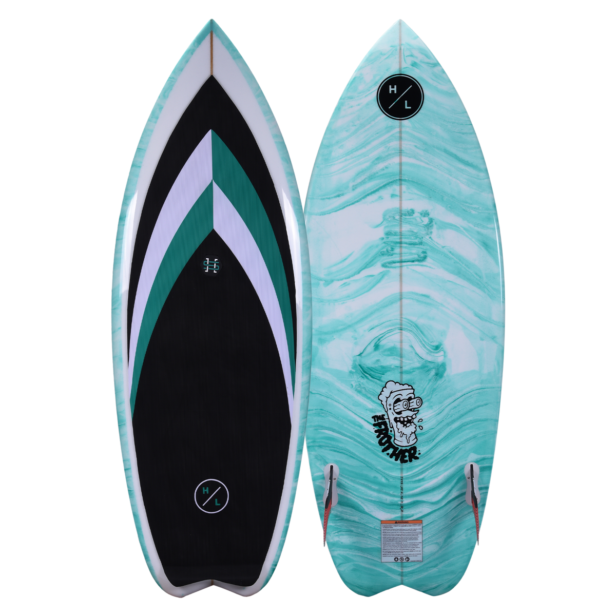 Frother 2.0 turquoise surfboard with twin fin and black, white, teal accents.