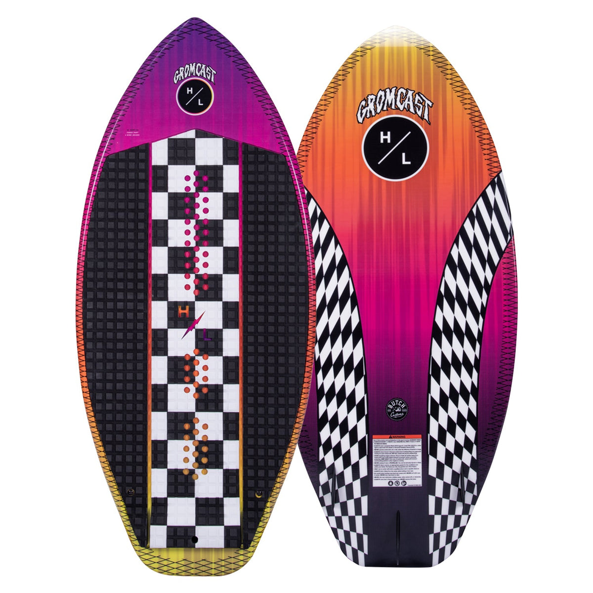 Gromcast wakeboard: checkerboard & geometric patterns in purple, orange, and black.
