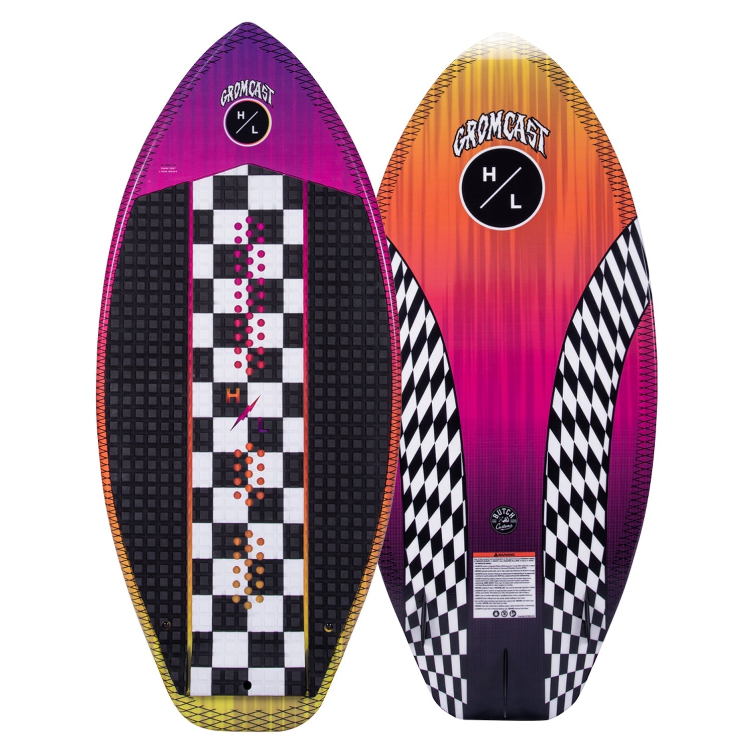 Gromcast wakeboard: checkerboard & geometric patterns in purple, orange, and black.