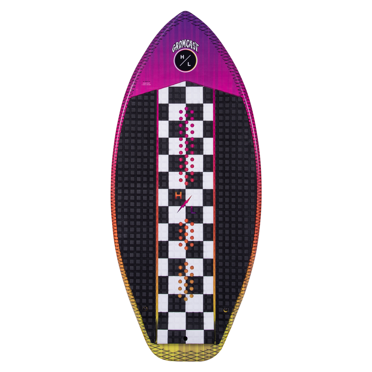 Checkered kids wakeboard with purple edges and Gromcast logo on top.