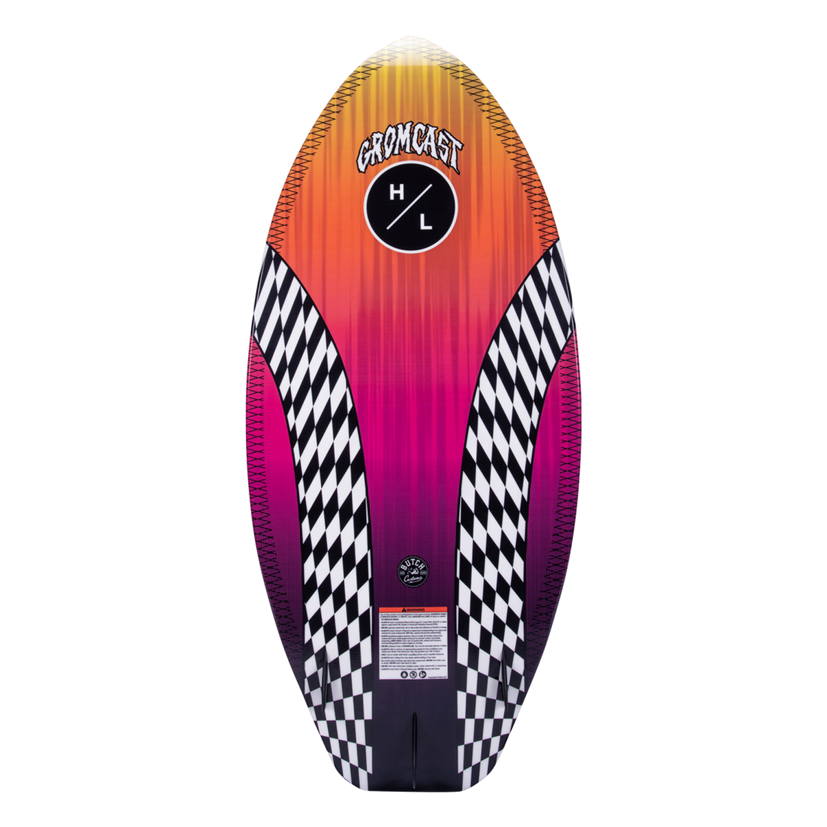 Gromcast: A vibrant kids wakeboard with a gradient checkered design for wakesurfing fun.